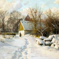 Monsted Peder A Winterscape With Church And Woman 1920