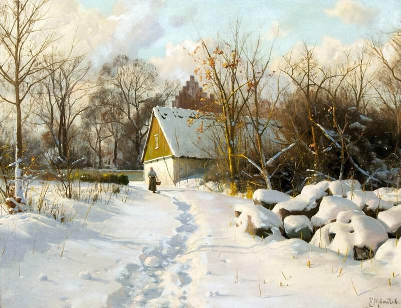 Monsted Peder A Winterscape With Church And Woman 1920 museum quality