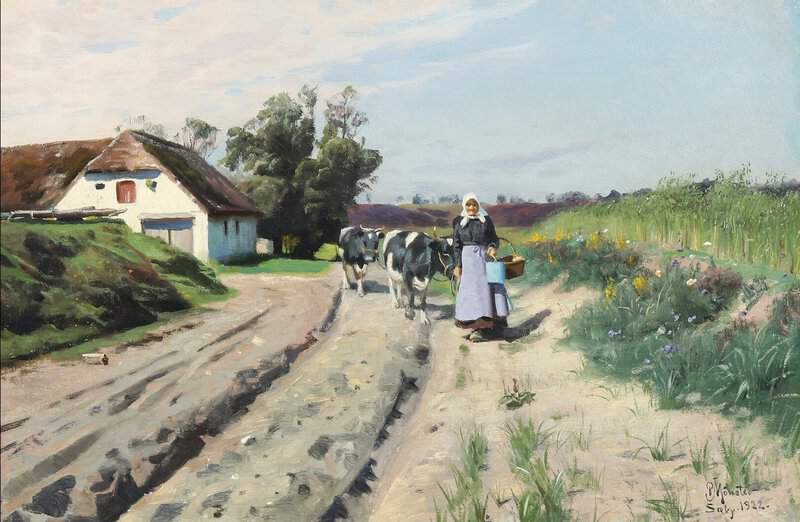 Monsted Peder A Woman Driving Cattle A Summer S Day 1922 museum quality