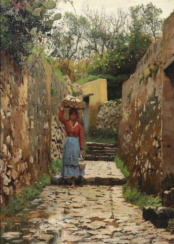 Monsted Peder A Woman In A Narrow Street 1883 museum quality
