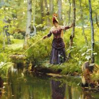 Monsted Peder A Woman Is Fishing In A Stream On A Summer Day In The Forest 1888