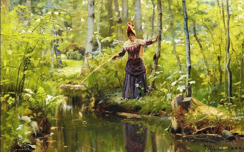 Monsted Peder A Woman Is Fishing In A Stream On A Summer Day In The Forest 1888 museum quality