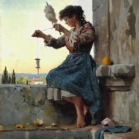 Monsted Peder A Young Italian Woman Is Spinning Wool On A Balcony In Taormina 1885
