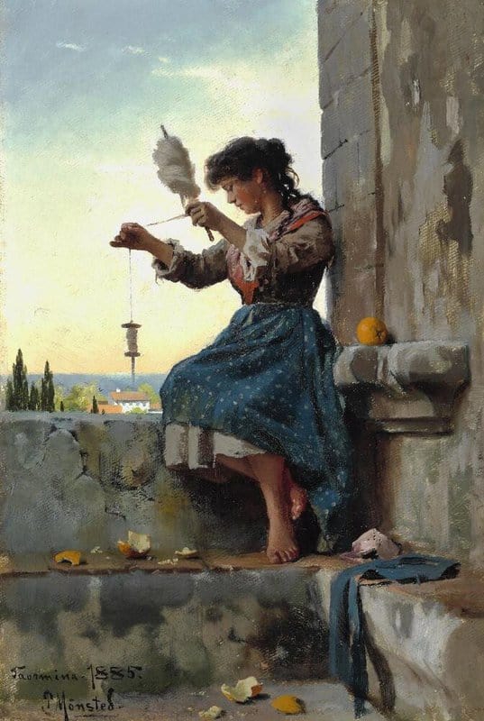 Monsted Peder A Young Italian Woman Is Spinning Wool On A Balcony In Taormina 1885 museum quality