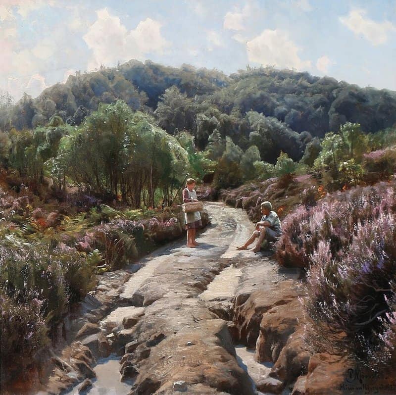 Monsted Peder A Young Woman Chatting To A Young Man On A Sunlit Path 1927 museum quality