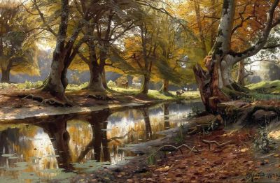 art oil painting reproduction of  Monsted Peder An Autumn Day With Grazing Deer By A Stream In The Deer Park 1906 museum quality handmade