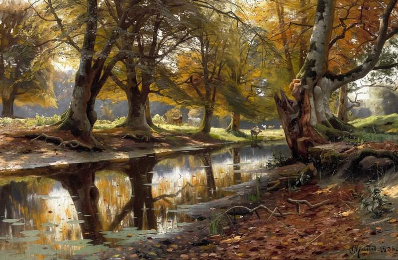 Monsted Peder An Autumn Day With Grazing Deer By A Stream In The Deer Park 1906 museum quality