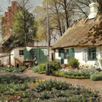 Monsted Peder An Early Spring Day At A Thatched Farm In The Village Kirke V Rlose 1917
