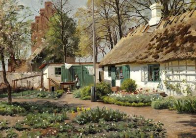 art oil painting reproduction of  Monsted Peder An Early Spring Day At A Thatched Farm In The Village Kirke V Rlose 1917 museum quality handmade