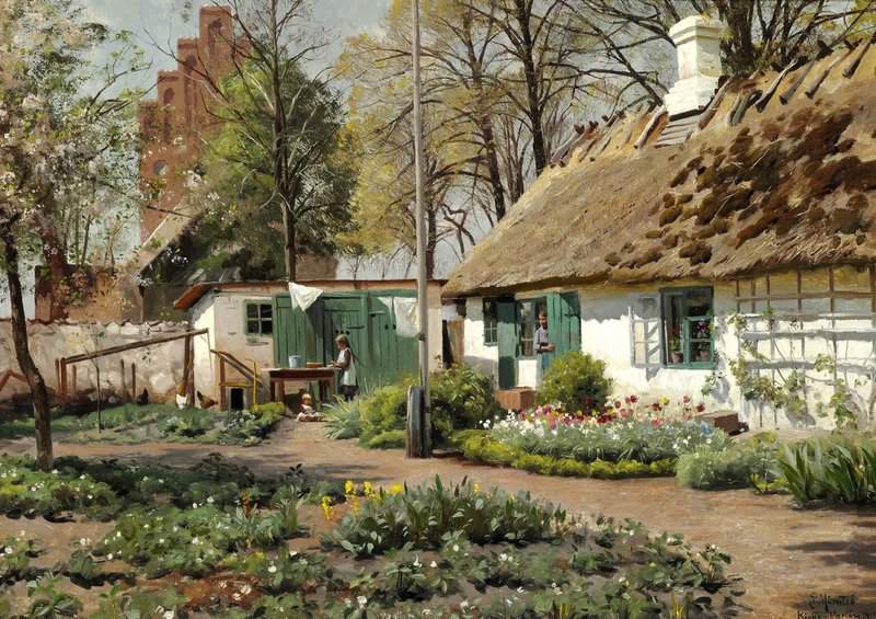 Monsted Peder An Early Spring Day At A Thatched Farm In The Village Kirke V Rlose 1917 museum quality