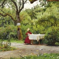 Monsted Peder An Elegant Woman In A Red Dress Sitting At A Coffee Table In The Garden 1890
