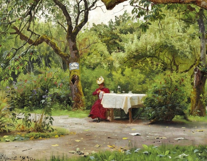 Monsted Peder An Elegant Woman In A Red Dress Sitting At A Coffee Table In The Garden 1890 museum quality