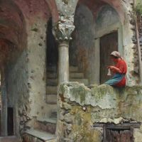 Monsted Peder An Italian Woman Knitting On A Stone Stair 1926