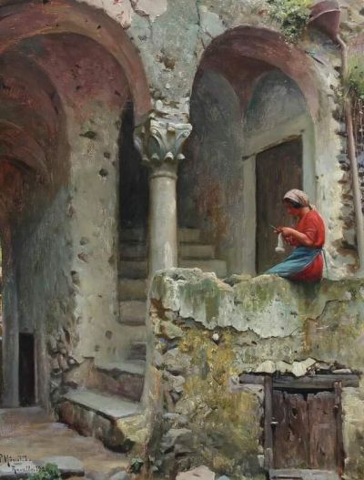 art oil painting reproduction of  Monsted Peder An Italian Woman Knitting On A Stone Stair 1926 museum quality handmade
