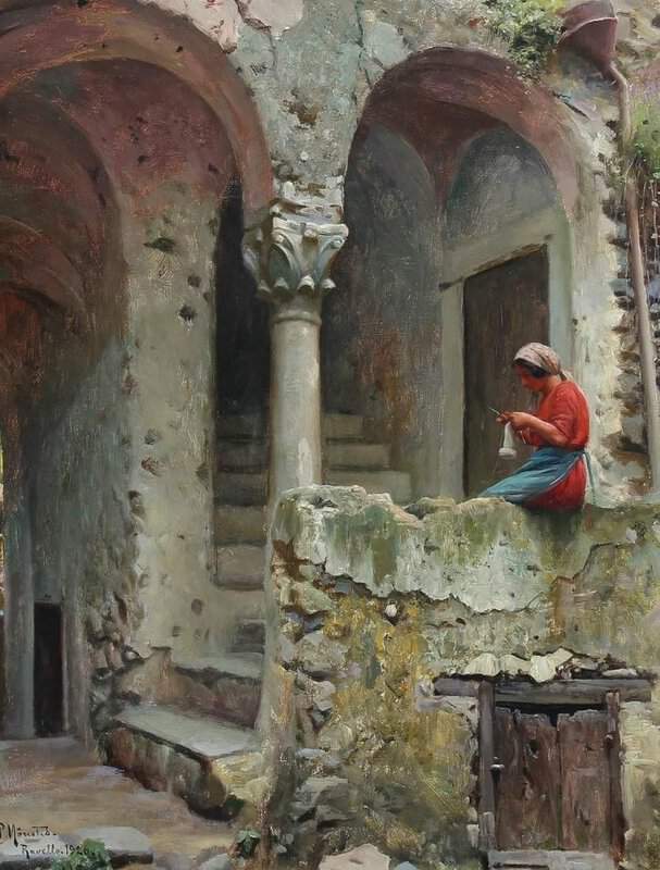 Monsted Peder An Italian Woman Knitting On A Stone Stair 1926 museum quality