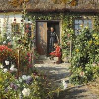Monsted Peder An Old Farmhouse With Grandmother Standing In The Door And A Little Girl 1919