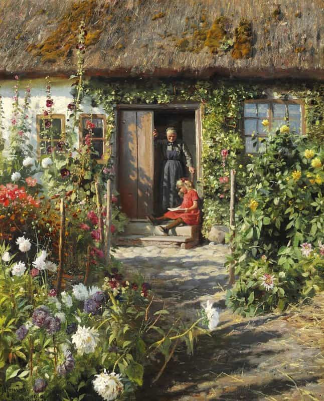 Monsted Peder An Old Farmhouse With Grandmother Standing In The Door And A Little Girl 1919 museum quality