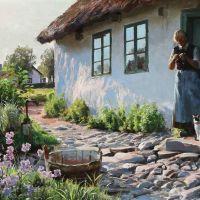 Monsted Peder An Old Woman Knitting In The Doorway 1923
