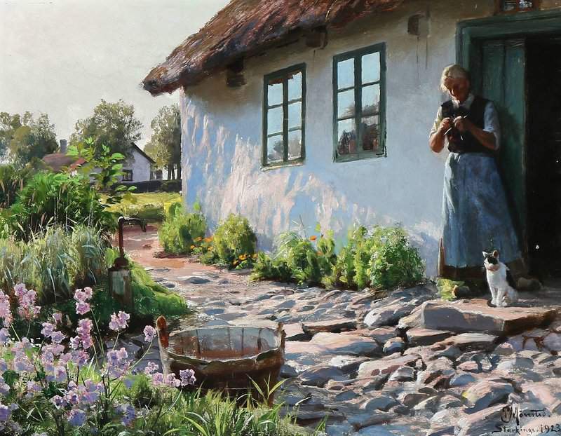 Monsted Peder An Old Woman Knitting In The Doorway 1923 museum quality