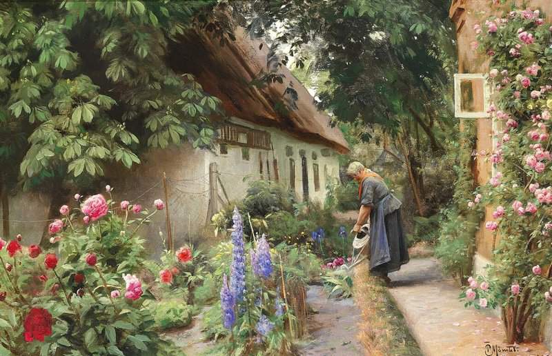 Monsted Peder An Old Woman Watering The Flowers Behind A Thatched Farmhouse 1928 museum quality