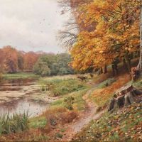 Monsted Peder Autumn Day In The Forest Red Deer By A Lake