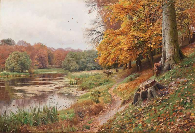 Monsted Peder Autumn Day In The Forest Red Deer By A Lake museum quality