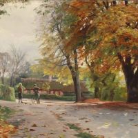 Monsted Peder Autumn View From A Village With Two Boys Talking On The Street 1931
