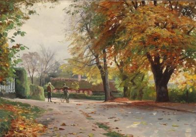 art oil painting reproduction of  Monsted Peder Autumn View From A Village With Two Boys Talking On The Street 1931 museum quality handmade