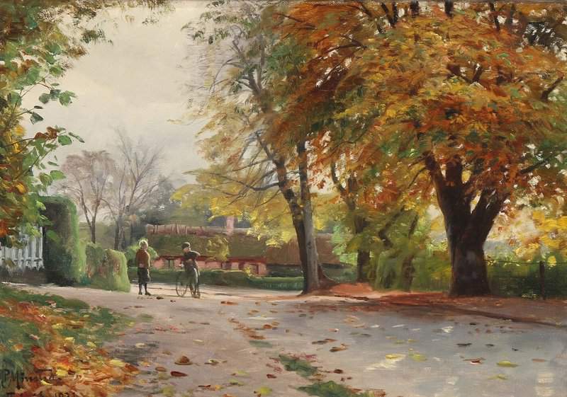 Monsted Peder Autumn View From A Village With Two Boys Talking On The Street 1931 museum quality