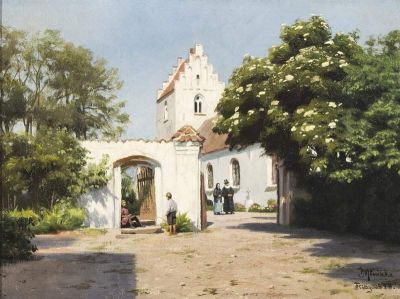 art oil painting reproduction of  Monsted Peder Before The Church A Sunny Spring Day 1928 museum quality handmade
