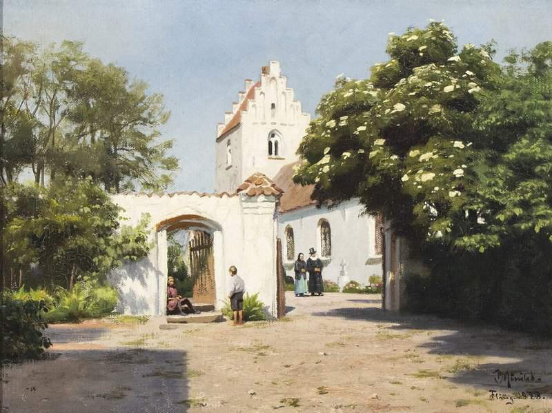 Monsted Peder Before The Church A Sunny Spring Day 1928 museum quality