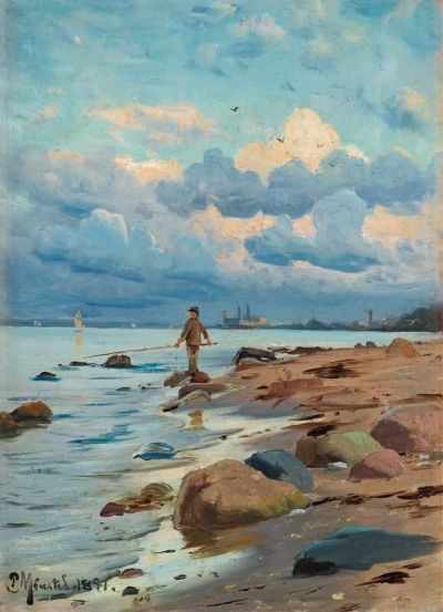 art oil painting reproduction of  Monsted Peder Boy Fishing 1908 museum quality handmade