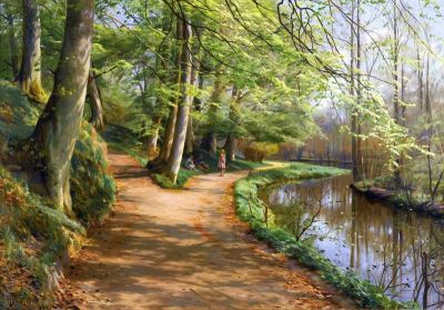 art oil painting reproduction of  Monsted Peder Children By A Stream 1929 museum quality handmade