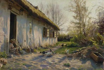 art oil painting reproduction of  Monsted Peder Children Feeding Ducks At Sunrise 1919 museum quality handmade
