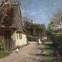 Monsted Peder Children Watching The Chickens On A Sunny Village Road 1915
