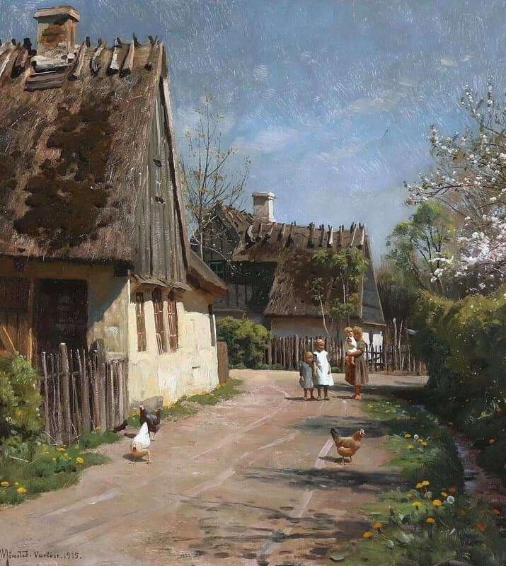 Monsted Peder Children Watching The Chickens On A Sunny Village Road 1915 museum quality