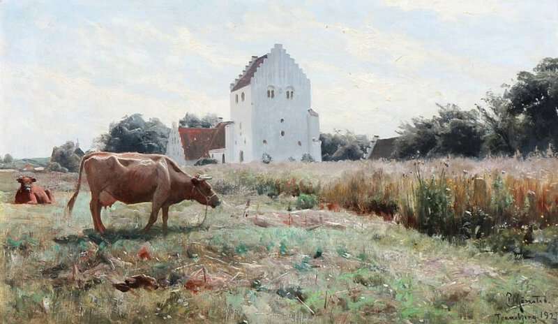 Monsted Peder Danish Landscape With Tranebjerg Kirke Samso 1927 museum quality