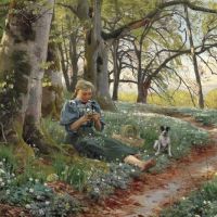 Monsted Peder Early Spring In The Woods. A Girl Is Sitting In The Forest Floor With A Bouquet Of Anemones 1898