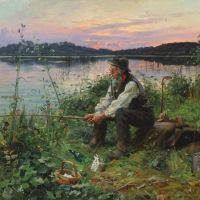 Monsted Peder Evening Lake View With An Old Man Fishing 1890