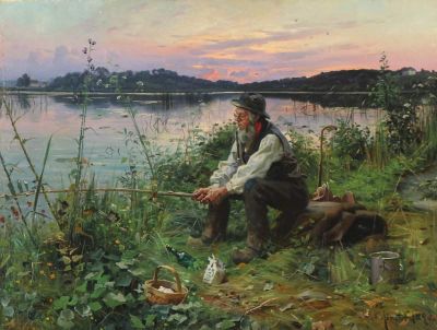 art oil painting reproduction of  Monsted Peder Evening Lake View With An Old Man Fishing 1890 museum quality handmade