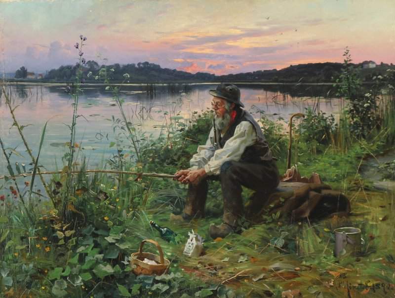 Monsted Peder Evening Lake View With An Old Man Fishing 1890 museum quality