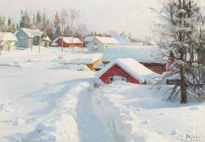 art oil painting reproduction of  Monsted Peder Evening Sun Over The Roofs Of Eina. Norway. Winter With Fresh Snow museum quality handmade