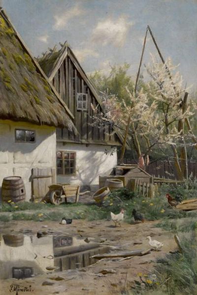 art oil painting reproduction of  Monsted Peder Farmhouse With Chickens museum quality handmade