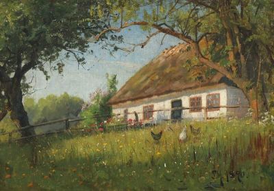 art oil painting reproduction of  Monsted Peder Farmyard Exterior With Chicken 1890 museum quality handmade