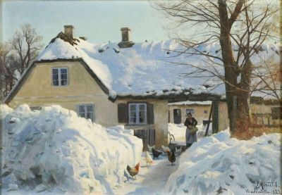 art oil painting reproduction of  Monsted Peder Feeding Chickens In The Snow 1929 museum quality handmade
