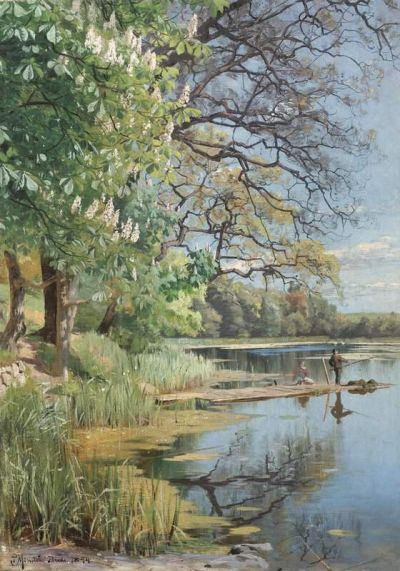 art oil painting reproduction of  Monsted Peder Fishing On The Lake 1894 museum quality handmade