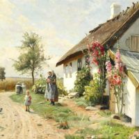 Monsted Peder Flowering Hollyhocks In Front Of A Farmhouse
