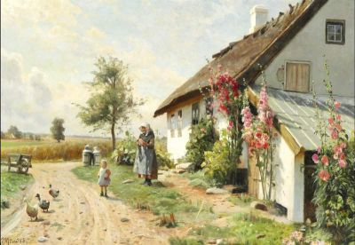 art oil painting reproduction of  Monsted Peder Flowering Hollyhocks In Front Of A Farmhouse museum quality handmade