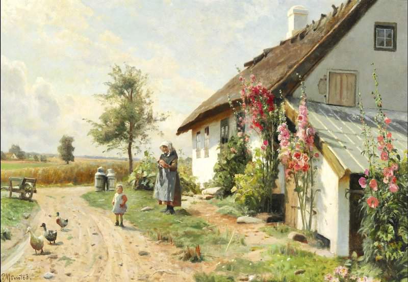 Monsted Peder Flowering Hollyhocks In Front Of A Farmhouse museum quality