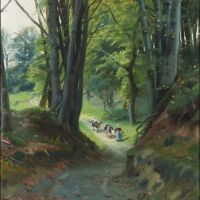 Monsted Peder Forest Scenery With A Woman And Her Cows 1922